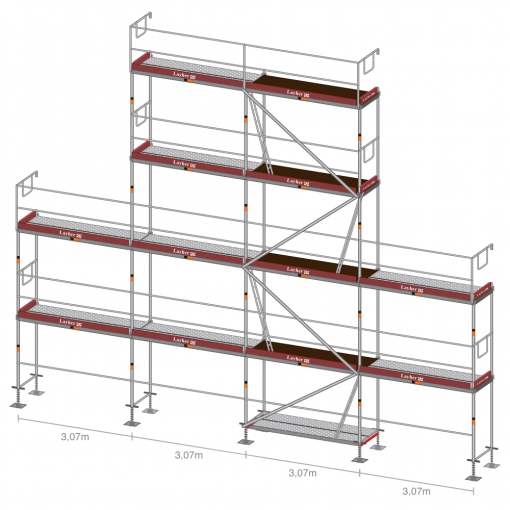 Layher Blitz Giebelgerüst 128 m² – 2D-Skizze (Plateau, 4 Felder)