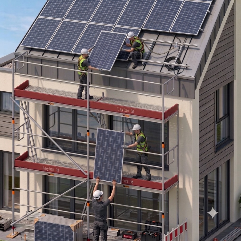 Monteure montieren Solarmodule vom Gerüst aus – sicherer Stand auf den Gerüstlagen