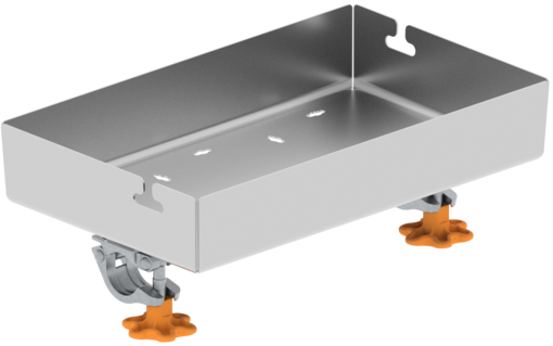 Layher Fahrgerüst-Ablagebox aus Aluminium mit zwei Halbkupplungen zur Fixierung an der Standleiter