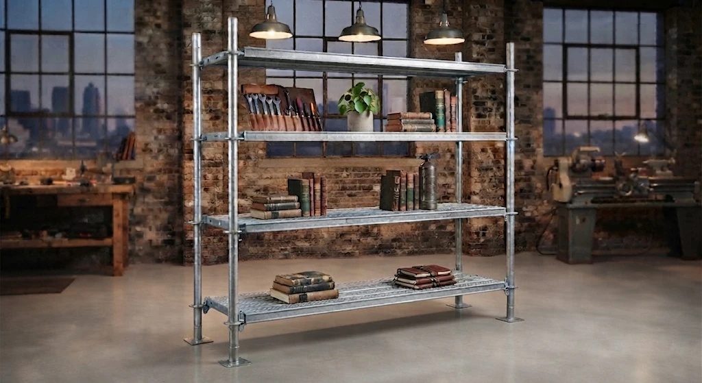 Visualisierung: Regal aus verzinkten Gerüst-Stielen mit vier Ebenen aus Stahlböden in einer Industriewerkstatt mit Backsteinwand