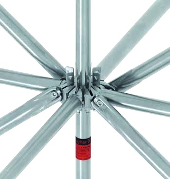 Layher Allround Kraftknoten: bis zu acht Bauteile in einem Knoten &ndash; Riegel und Diagonalen am Stiel verkeilt